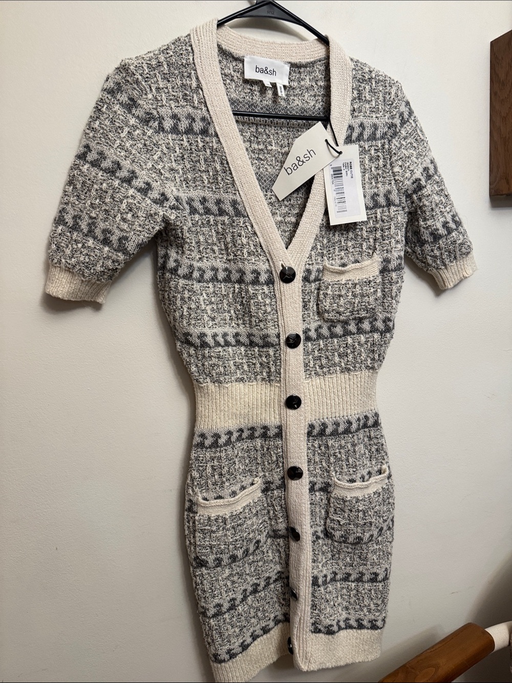 ba&sh Cream and Gray Knit Button-Front Cardigan Dress